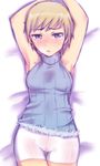  armpits arms_up bed bike_shorts blonde_hair blue_eyes blush brave_witches breasts covered_nipples em lying nikka_edvardine_katajainen on_back open_mouth purple_eyes short_hair sleeveless sleeveless_turtleneck small_breasts solo sweat tears thigh_gap turtleneck world_witches_series 