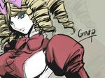  blonde_hair bow breasts character_name dress drill_hair gaap grey_background hat large_breasts mini_hat mini_top_hat pink_bow ringlets short_hair sideboob solo tateko top_hat umineko_no_naku_koro_ni 