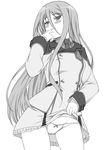  blush bow bow_panties felli_loss greyscale koukaku_no_regios long_hair monochrome panties shichimenchou simple_background skirt skirt_lift solo underwear uniform zuellni_martial_arts_uniform 