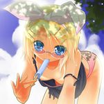  bent_over bespectacled blonde_hair blue_eyes breasts camisole cloud day downblouse eating extended_downblouse food foreshortening glasses hair_ornament hairclip hands kagamine_rin looking_at_viewer no_bra popsicle porurin shirt_tan short_hair sky small_breasts solo strap_slip tan tanline tree_shade vocaloid 