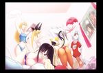  5girls ahoge ass bat blazblue blonde_hair braid breasts bugonisx2 cellphone claws cleavage dark_skin eyepatch feathers from_behind gii green_eyes iron_tager large_breasts lingerie litchi_faye_ling medium_breasts multiple_boys multiple_girls negligee noel_vermillion nu-13 panties peeking phone pillow pillow_fight poster_(object) rachel_alucard ragna_the_bloodedge red_eyes ribbon shirt shishigami_bang silver_hair sol_badguy surprised tail taokaka underwear 