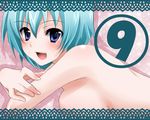 1girl bad_id bad_pixiv_id blue_eyes blue_hair breast_press breasts cirno close-up hands large_breasts looking_at_viewer lying nude older on_stomach open_mouth short_hair sideboob smile solo teenage tottoto_tomekichi touhou 
