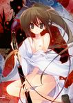  absurdres blush breast_slip breasts brown_hair copyright_request highres huge_filesize japanese_clothes karory katana long_hair nipples no_bra off_shoulder one_breast_out ponytail robe sheath sheathed silver_eyes small_breasts solo sword unsheathing weapon 