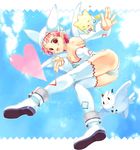  bad_id bad_pixiv_id costume day earrings gen_2_pokemon gen_4_pokemon hat heart highres jewelry legs moemon personification pink_hair pointy_ears pokemon pokemon_(creature) sky takeda_mika thighhighs togekiss togepi togetic wings yellow_eyes 