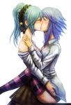  breast_press breasts cleavage closed_eyes couple kiss kurono_kurumu leg_lock medium_breasts multiple_girls rosario+vampire shirayuki_mizore striped striped_legwear swordance symmetrical_docking thighhighs yuri 