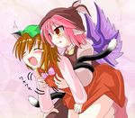  animal_ears blush brown_hair cat_ears cat_tail chen closed_eyes des fang hat multiple_girls mystia_lorelei pink_hair short_hair tail tears tickling touhou wings yellow_eyes yuri 