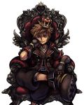  1boy armchair belt black_pants blue_eyes brown_hair chair cropped_legs crown gloves hand_on_own_face hood hoodie jewelry kingdom_hearts kingdom_hearts_iii legs_crossed looking_at_viewer mini_crown necklace nomura_tetsuya official_art open_clothes open_hoodie pants shoes smile sneakers solo sora_(kingdom_hearts) spiked_hair square_enix transparent_background v-neck zipper 
