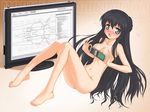  aokihoshi barefoot black_hair blush cellphone covering feet gundam gundam_00 long_legs marina_ismail monitor nude phone solo toenails toes 