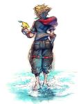  1boy barefoot belt black_pants brown_hair food food_in_mouth from_behind fruit gloves holding holding_food holding_fruit hood hood_down hoodie kingdom_hearts kingdom_hearts_iii nomura_tetsuya official_art pants paopu_fruit pocket short_sleeves simple_background solo sora_(kingdom_hearts) spiked_hair square_enix standing walking water white_background 