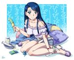  banana_popsicle bare_shoulders blue_eyes blue_hair blush breasts cellphone condom condom_wrapper covered_nipples cushion enema eyelashes food large_breasts legs long_hair minazuki_karen miniskirt no_bra no_panties panties panties_around_one_leg phone pillow popsicle precure sameha_ikuya sandals sexually_suggestive sitting skirt solo syringe underwear white_panties yes!_precure_5 