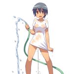  :d aaaa bottomless breasts brown_eyes covered_nipples grey_hair highres hose nipples no_bra open_mouth original pee peeing see-through shirt shirt_tug short_hair small_breasts smile solo water wet wet_clothes wet_shirt 