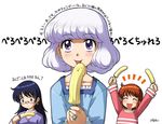  akashi_kaoru banana_popsicle food licking multiple_girls nogami_aoi popsicle purple_eyes purple_hair sameha_ikuya sannomiya_shiho sexually_suggestive the_children translation_request zettai_karen_children 