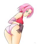  1girl alternate_breast_size arm_warmers ass bare_shoulders black_gloves blush bonnie_(artist) bonnie_(rsg) breasts from_behind gloves green_eyes haruno_sakura headband headdress looking_at_viewer looking_back naruto naruto_shippuuden no_pants panties pink_hair pink_panties red_shirt shirt short_hair simple_background sleeveless sleeveless_shirt solo striped striped_panties underwear white_background 