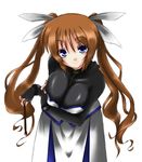  breast_hold breasts brown_hair large_breasts long_hair lowres lyrical_nanoha magical_girl mahou_shoujo_lyrical_nanoha_strikers neo_(tyottama) purple_eyes solo takamachi_nanoha twintails 