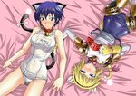  aegis_(persona) android animal_ears bed_sheet bell bell_collar blonde_hair blue_eyes blue_hair bow cameltoe cat_ears cat_tail collar hairband lying multiple_girls one-piece_swimsuit persona persona_3 persona_4 school_swimsuit segami_daisuke sheet_grab shirogane_naoto short_hair sweat swimsuit swimsuit_pull tail 