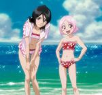  beach bent_over bikini black_hair bleach day flat_chest jacket kuchiki_rukia kusajishi_yachiru multiple_girls ocean pink_hair polka_dot polka_dot_bikini polka_dot_swimsuit screencap striped striped_bikini striped_swimsuit swimsuit 