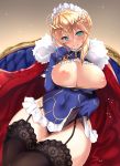  adapted_costume ahoge aqua_eyes artoria_pendragon_(all) artoria_pendragon_(lancer) bangs bare_shoulders blonde_hair blue_gloves blue_leotard blush braid breasts cape couch covered_navel crown eyebrows_visible_through_hair fate/grand_order fate_(series) floral_print french_braid frills fur-trimmed_cape fur_trim garter_straps gauntlets gloves gradient gradient_background groin hair_between_eyes head_tilt highleg highleg_leotard highres lace lace-trimmed_thighhighs large_breasts leotard lingerie lips maid_headdress microskirt nipples nose_blush parted_lips pink_lips red_cape shiny shiny_skin sidelocks sitting skirt solo swept_bangs thighhighs thighs underwear untsue 