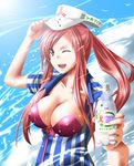  breasts brown_eyes cleavage covered_nipples large_breasts long_hair mitsuya_cider one_eye_closed ponytail red_hair solo uron-rei water wet 