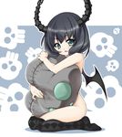  bat_wings black_rock_shooter dead_master fang highres horns hug mushi024 nude pillow pillow_hug sitting smile solo thighhighs thighs wariza wings 