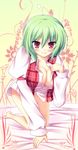  barefoot bed_sheet bent_over blush bottomless breasts cleavage gokireddo green_hair grin hands highres kazami_yuuka large_breasts open_clothes open_shirt plaid plaid_vest red_eyes shirt short_hair smile solo touhou translated undressing vest 