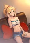  1girl @_@ bangs bare_arms bare_shoulders beer_can belt belt_buckle blonde_hair blue_shorts blush breasts buckle can cleavage cleavage_cutout collarbone commentary_request couch cutoffs denim denim_shorts drooling drunk eyebrows_visible_through_hair fate/grand_order fate_(series) green_eyes hair_ornament hair_scrunchie hand_in_hair holding holding_can leaning_forward long_hair looking_at_viewer medium_breasts mogullaz mordred_(fate) mordred_(fate)_(all) navel nose_blush on_couch parted_bangs parted_lips pillow ponytail scrunchie shorts sitting solo spread_legs stomach strapless sweat tubetop v-shaped_eyebrows 