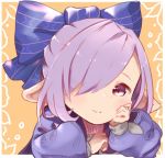  alternate_costume alternate_hairstyle blush_stickers granblue_fantasy hair_over_one_eye hair_ribbon hand_on_own_cheek harvin looking_at_viewer nio_(granblue_fantasy) pointy_ears puffy_sleeves purple_eyes purple_hair ribbon smile tadano_omake 
