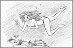  barefoot diving feet fish freediving greyscale monochrome ocean saver_(artist) solo swimming topless underwater water 