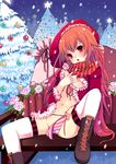  bad_id bad_pixiv_id boots breasts center_opening christmas crotch flower gradient_hair hase_neet head_tilt highres long_hair multicolored_hair navel open_clothes open_shirt orange_hair original panties red_hair rose santa_costume scarf shirt side-tie_panties sitting small_breasts snow solo spread_legs striped striped_panties striped_scarf thighhighs tree underwear untied 
