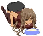  bad_id bad_pixiv_id bowl brown_eyes brown_hair copyright_request dark_skin drinking_from_bowl ksaiki licking long_hair pet_bowl skirt solo tan thighhighs 