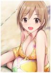  1girl :d aiba_yumi ball bangs bare_shoulders beach beachball bikini blush breast_rest breasts brown_eyes brown_hair cleavage collarbone commentary_request day eyebrows_visible_through_hair flower front-tie_bikini front-tie_top idolmaster idolmaster_cinderella_girls looking_at_viewer medium_breasts nannacy7 open_mouth outdoors sand short_hair sitting smile solo swimsuit yokozuwari 