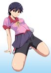  bakemonogatari bandaged_arm bandages bike_shorts black_hair brown_eyes cameltoe full_body gradient gradient_background highres kanbaru_suruga kneeling looking_at_viewer mimura_kaoru monogatari_(series) red_eyes shoes short_hair short_sleeves skirt skirt_lift solo 