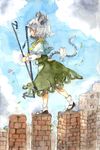  animal_ears brick_wall dowsing_rod gogo/tad grey_hair jewelry mouse mouse_ears mouse_tail nazrin pendant short_hair solo tail touhou traditional_media walking watercolor_(medium) 