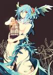  blue_hair cage feathers flower looking_up nude original red_eyes solo tenryou_sena 