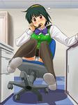  blush chair chair_in_motion chair_tipping falling green_hair hairband headset highres idolmaster idolmaster_(classic) lielos office_chair otonashi_kotori panties pantyshot pantyshot_(sitting) red_eyes short_hair sitting skirt solo sweatdrop thighhighs underwear upskirt 