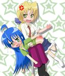  bent_over blonde_hair blue_hair green_eyes izumi_konata kuroi_nanako long_hair lucky_star panties panty_pull ponytail spanked spanking underwear yuri 