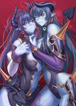  :&lt; asmodeus_(shinrabanshou) astaroth_(shinrabanshou) black_sclera blue_hair blue_skin breasts choker cleavage demon_girl demon_tail earrings heart heart_earrings highres horns huge_breasts jewelry long_hair midriff mother_and_daughter multiple_girls navel one_eye_closed pointy_ears ran'ou_(tamago_no_kimi) shinrabanshou tail yellow_eyes 