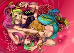  armband bad_id bad_pixiv_id bare_shoulders blonde_hair breasts butt_crack cuffs double_bun ermes_costello eyeshadow flower foo_fighters green_eyes green_hair green_lipstick green_nails hairlocs handcuffs illa jojo_no_kimyou_na_bouken kuujou_jolyne large_breasts lipstick makeup multicolored_hair multiple_girls nail_polish orange_eyes overalls purple_hair red_eyes red_hair sideboob 