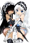  angel angel_and_devil ass black_hair black_vs_white blue_eyes bullet daive demon_girl elbow_gloves gloves gun hairband highres knife mouth_hold multiple_girls original panties red_eyes silver_hair striped striped_panties thighhighs underwear weapon wings 