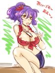  aku_(dejigiga) bikini_top blush breasts brown_eyes cleavage crossed_legs flower food front-tie_top hair_flower hair_ornament jewelry large_breasts leaf_hair_ornament licking midriff necklace ponytail popsicle purple_hair sexually_suggestive sitting solo tongue touhou translated yasaka_kanako 