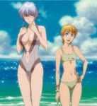  beach bikini bleach blonde_hair blush day kotetsu_isane kotetsu_kiyone multiple_girls ocean screencap silver_hair swimsuit 