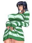  alternate_costume alternate_hairstyle bangs bespectacled black_hair black_panties blush breasts covered_nipples dress glasses green_shirt grin hands_on_own_stomach high_ponytail huge_breasts kagami_hirotaka long_hair long_sleeves looking_at_viewer naughty_face nico_robin no_panties one_piece one_piece:_strong_world orange_eyes oversized_clothes panties pantyshot pantyshot_(standing) ponytail rimless_eyewear seductive_smile shirt sidelocks simple_background sleeves_past_wrists smile solo standing striped striped_shirt sweater sweater_dress tan thick_thighs thighs underwear upskirt white_background 