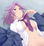  blush breasts brown_eyes kajiki_yumi large_breasts lying maruto! necktie no_bra open_clothes open_shirt out-of-frame_censoring purple_hair saki school_uniform shirt solo tsuruga_school_uniform undressing 