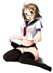  :o ahoge black_legwear breasts brown_hair copyright_request covered_nipples glasses green_eyes kneeling medium_breasts midriff misaki_takahiro navel necktie no_bra panties school_uniform serafuku short_hair simple_background skirt skirt_lift solo thighhighs underwear white_panties 