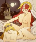  artist_request barefoot blonde_hair breasts claudette_(queen's_blade) closed_eyes earrings elina green_eyes headdress highres jewelry large_breasts long_hair moon multiple_girls necklace official_art panties queen's_blade red_hair topless underwear underwear_only 