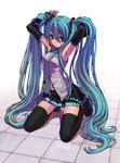  armpits biremoko blue_eyes blue_hair blue_nails colorized detached_sleeves ginta hatsune_miku highres kneeling long_hair nail_polish necktie perspective skirt smile solo thighhighs twintails very_long_hair vocaloid zettai_ryouiki 