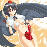  bikini_top black_hair black_wings bottomless hat looking_away maldives mask middle_finger red_eyes sexually_suggestive shameimaru_aya short_hair solo tengu_mask tokin_hat touhou translation_request wings 