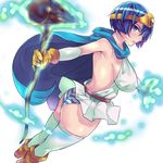  blue_eyes blue_hair breasts cape circlet covered_nipples dragon_quest dragon_quest_iii gloves large_breasts magic panties sage_(dq3) short_hair sideboob solo staff striped striped_panties thighhighs underwear yoshiron 