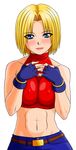  abs bad_id bad_pixiv_id bare_shoulders belt blonde_hair blue_eyes blue_mary blush breast_squeeze breasts fatal_fury fingerless_gloves gloves large_breasts lipstick makani_kohitujito makeup midriff muscle nail_polish pink_nails short_hair smile solo the_king_of_fighters 