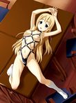  armpits bdsm blonde_hair blue_eyes blush breastless_clothes breasts desk feet harness highres k-on! kotobuki_tsumugi long_hair lying naughty_face nipples norizou_type-r small_breasts socks solo 