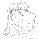  bed cloud_strife cloud_tifa couple final_fantasy final_fantasy_vii lowres male male_focus monochrome outline shirtless tifa_lockhart translation_request 